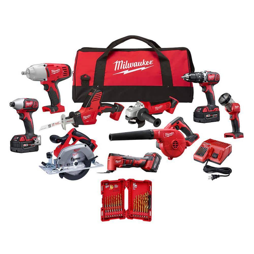 M18 18v Lithium-Ion Cordless Combo Tool Kit (9-Tool) W/(3) 4.0 Ah Batteries, Charger, Tool Bag & 19 Pc Socket Set