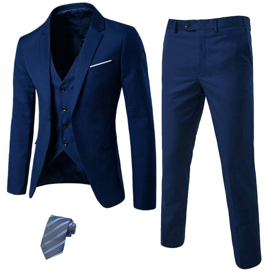 Men’S 3 Piece Suit Blazer, Slim Fit Tux With One Button, Jacket Vest Pants & Tie Set For Party, Wedding And Business